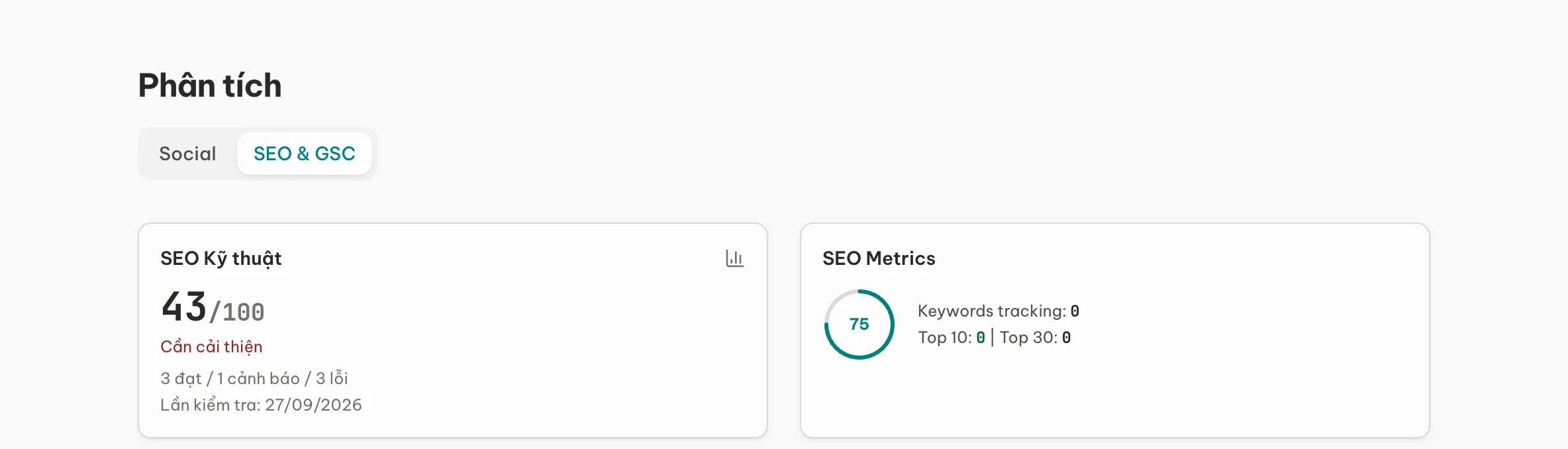 Tab SEO & GSC: thẻ SEO Kỹ thuật và SEO Metrics