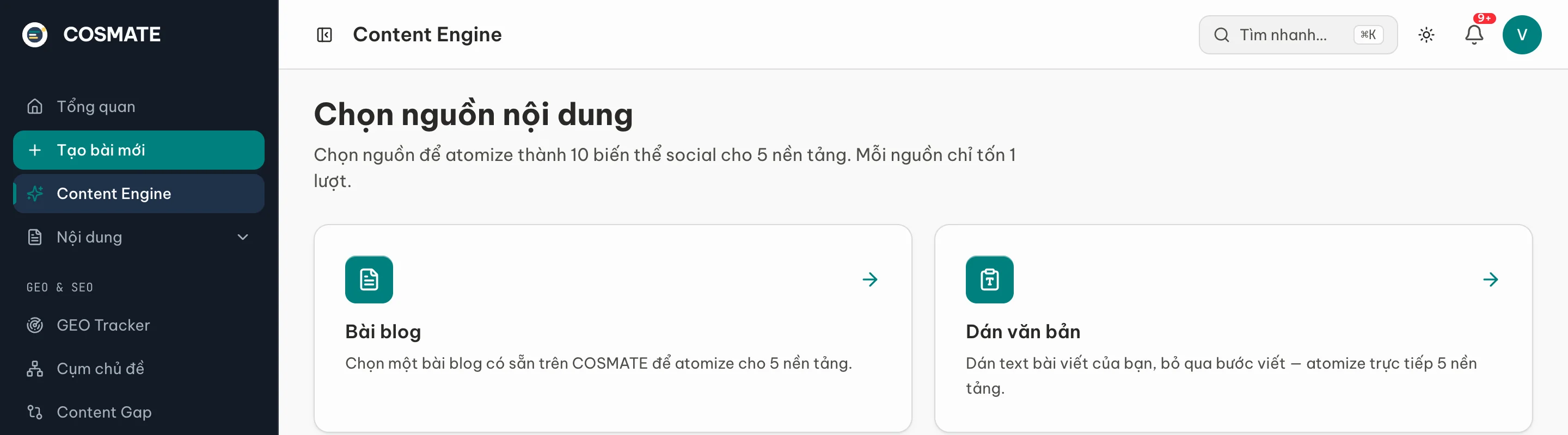Màn Chọn nguồn nội dung với hai nguồn Bài blog và Dán văn bản