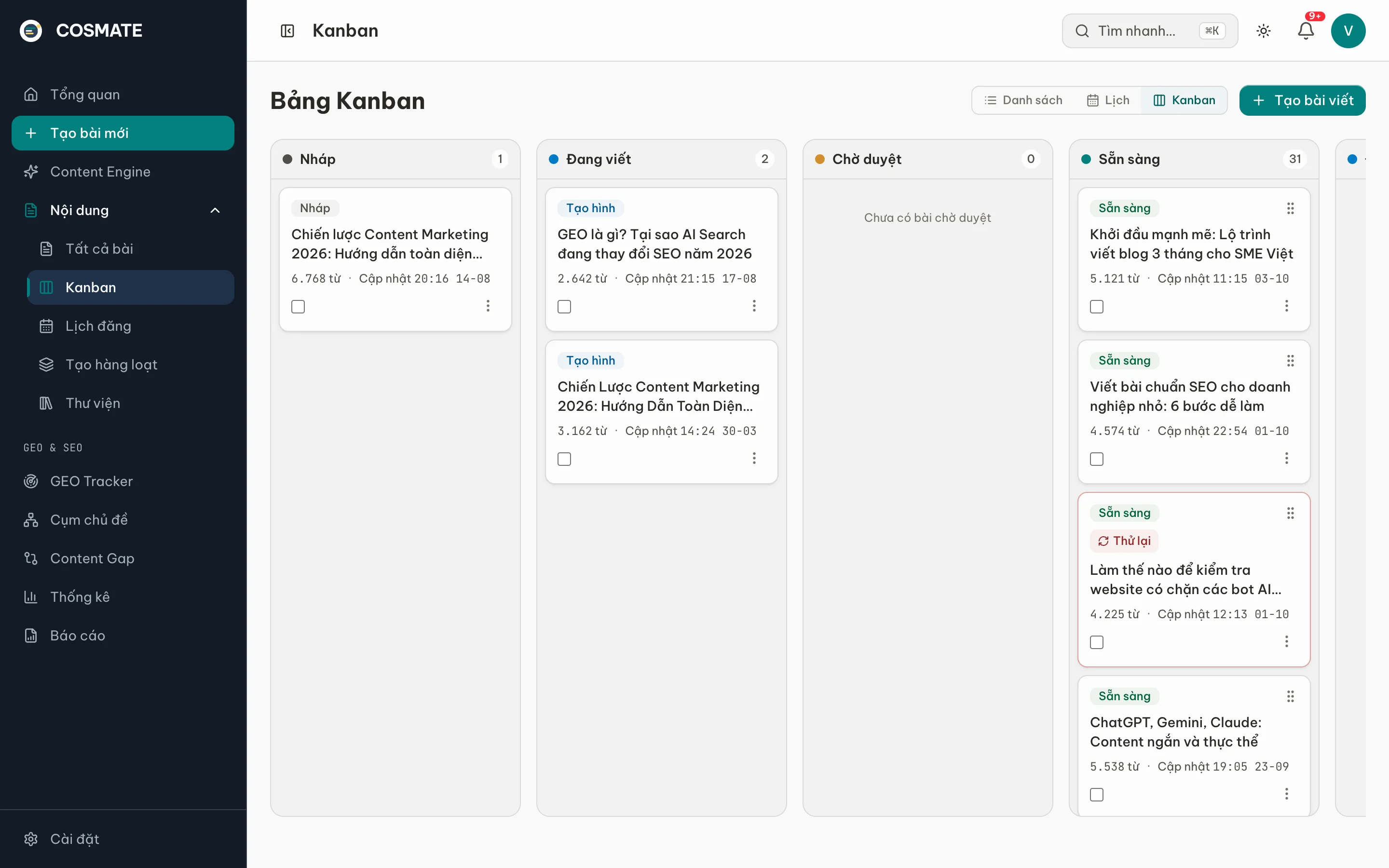 Bảng Kanban với các cột Nháp, Đang viết, Chờ duyệt, Sẵn sàng