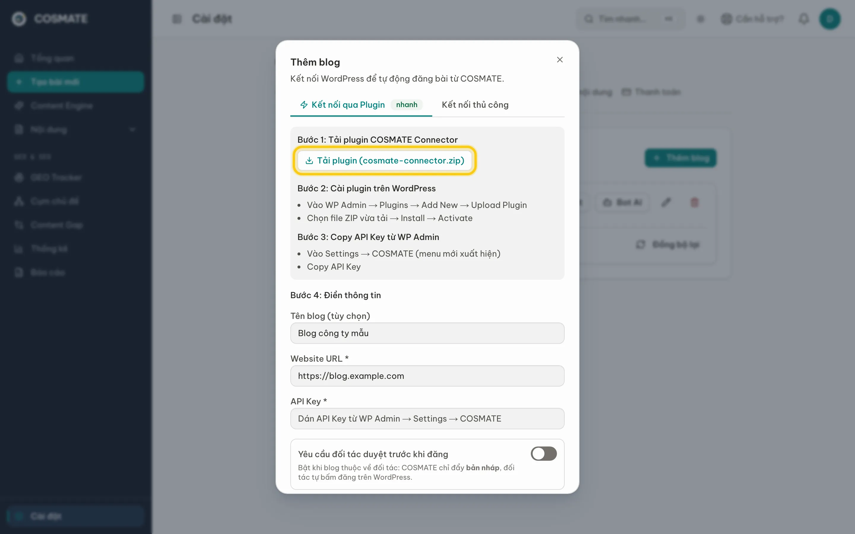 Hộp thoại Thêm blog, tab Kết nối qua Plugin, nút Tải plugin được khoanh vàng