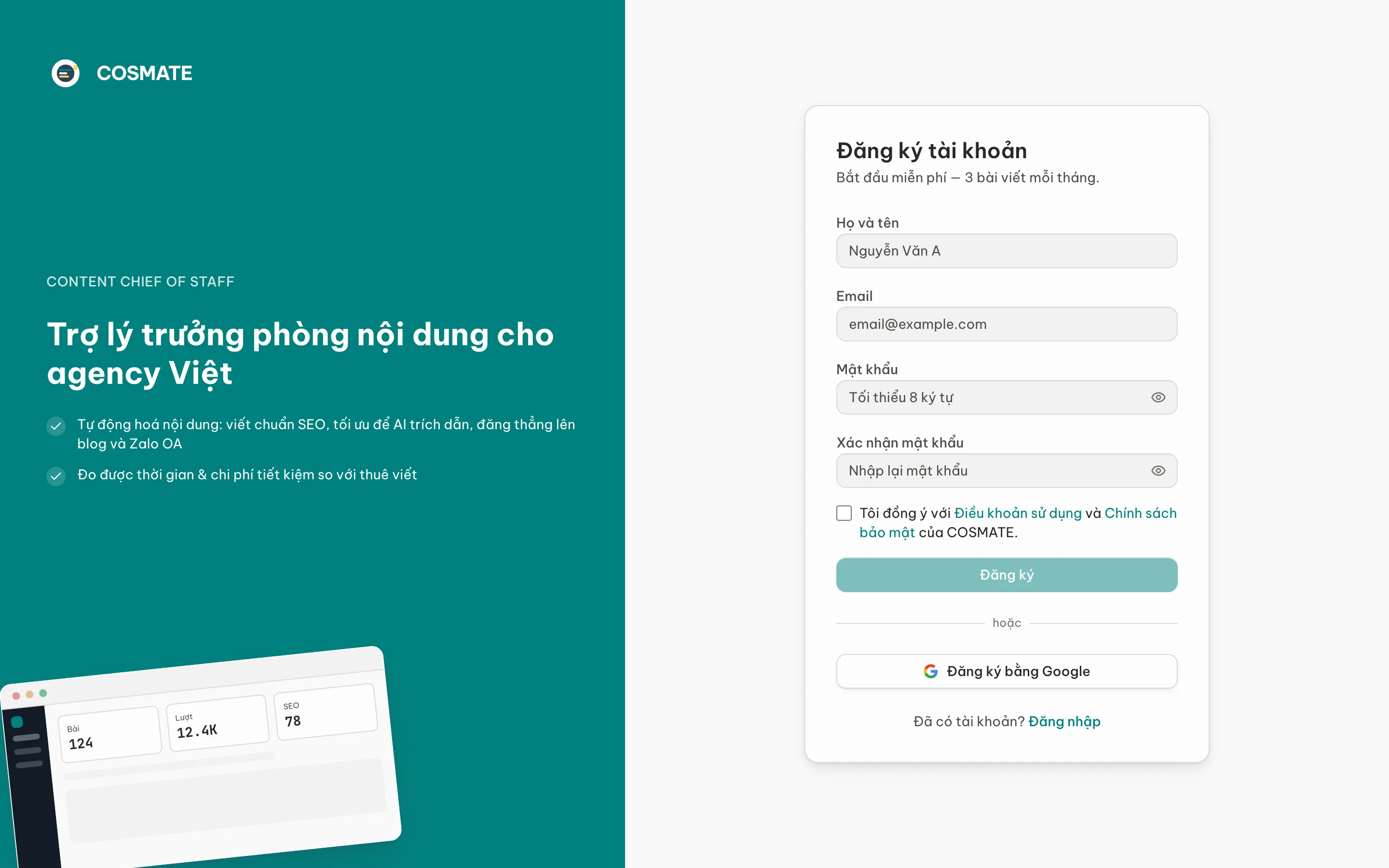 Trang Đăng ký tài khoản với các ô Họ và tên, Email, Mật khẩu và nút Đăng ký bằng Google