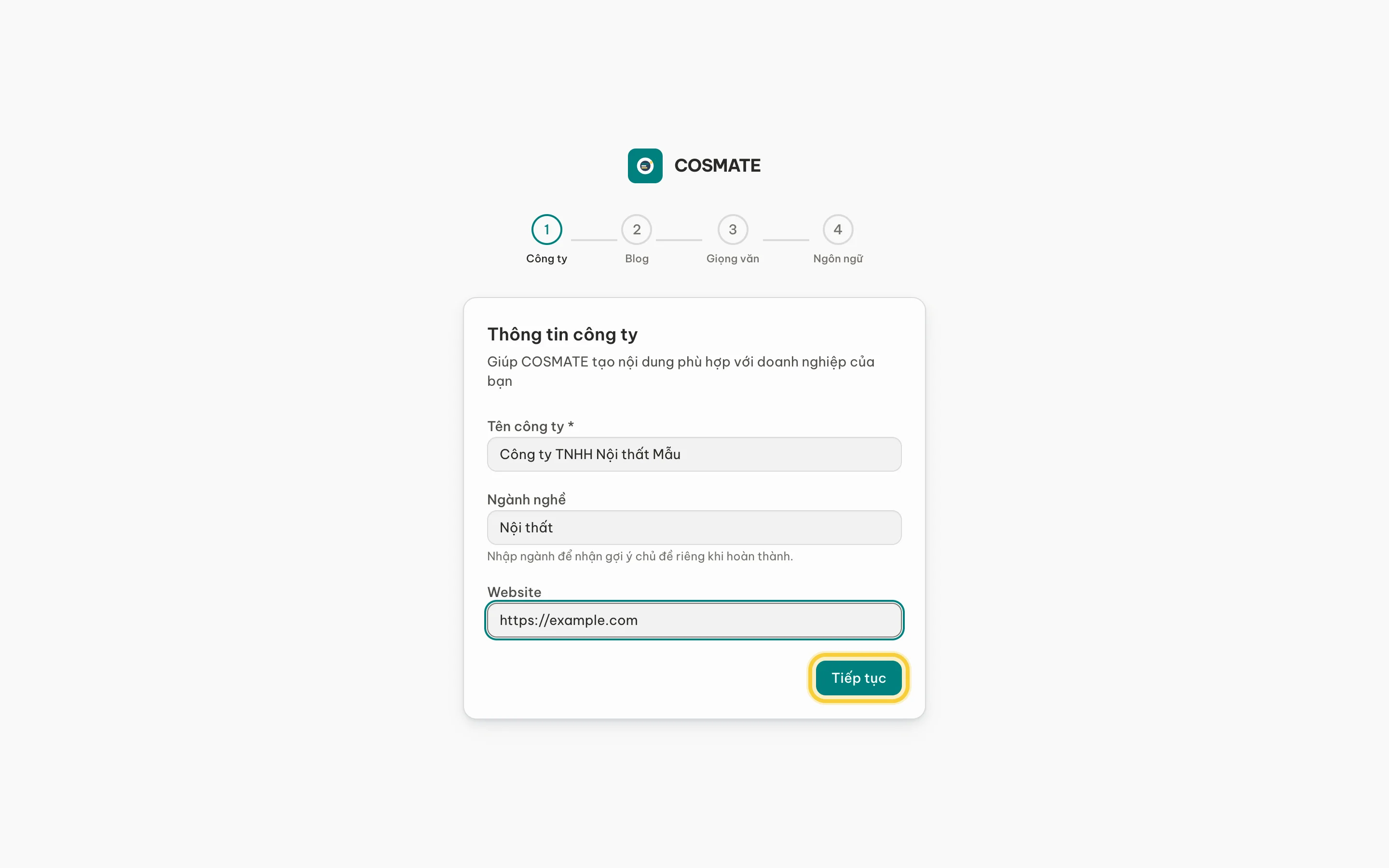 Bước Thông tin công ty đã điền tên công ty, ngành nghề và website