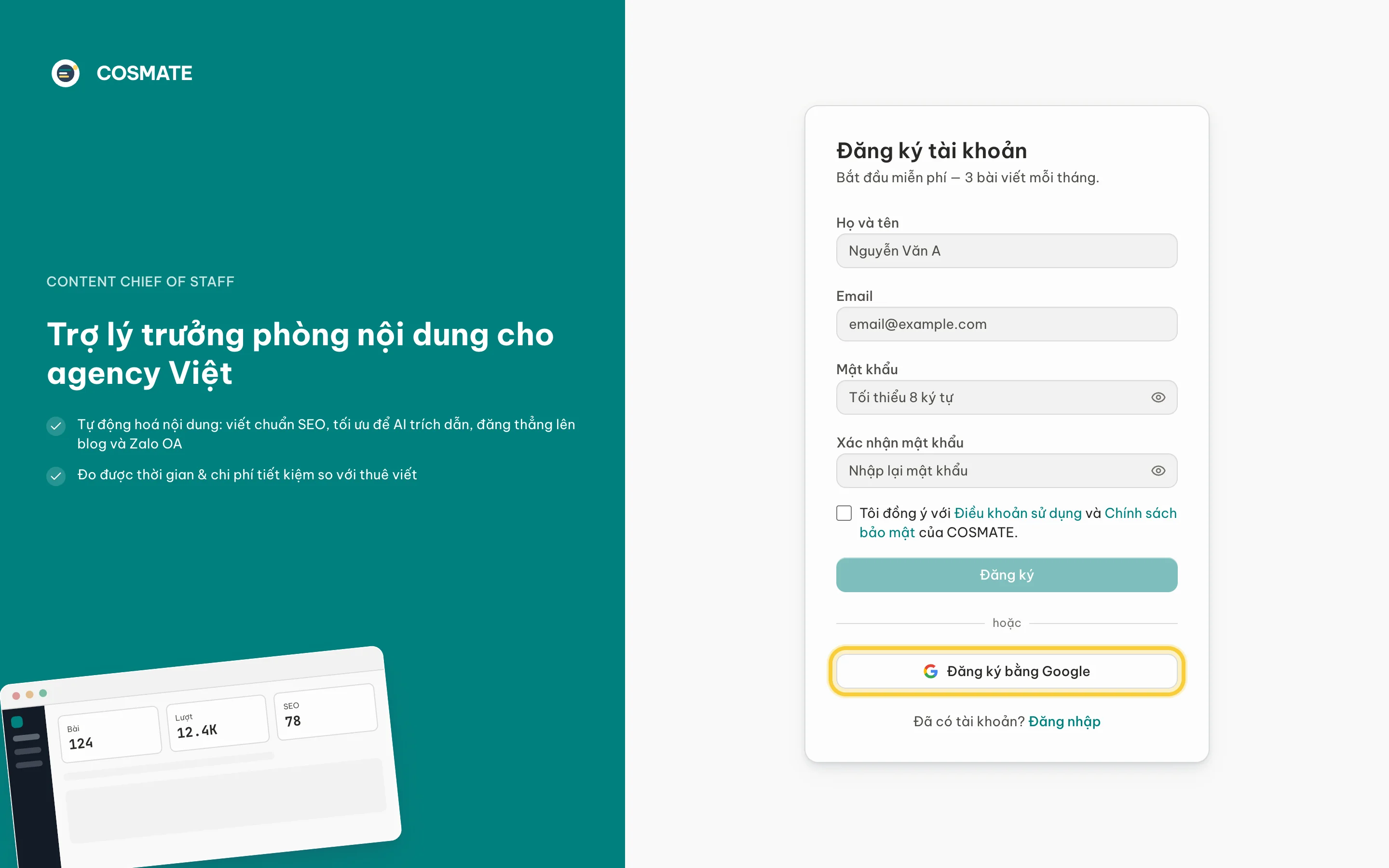 Màn Đăng ký tài khoản, nút Đăng ký bằng Google được khoanh vàng
